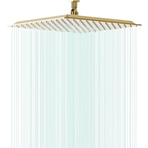 Waterfall Bathroom Square Showerhead with Soild Brass Pivot Ball - Ceiling or Wall Mount (12" Brushed Gold)