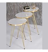 Set of 3 Nesting Tables Marble High Gloss Faux Marble Black Wooden Tops with Metal Golden Legs, R...