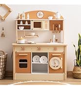 ROBOTIME Pink Wooden Play Kitchen Set, Kids & Toddler Kitchen playset with Washing Machine, Toy K...