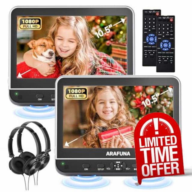 ARAFUNA 10.51" Portable DVD Player for Car Dual Screen