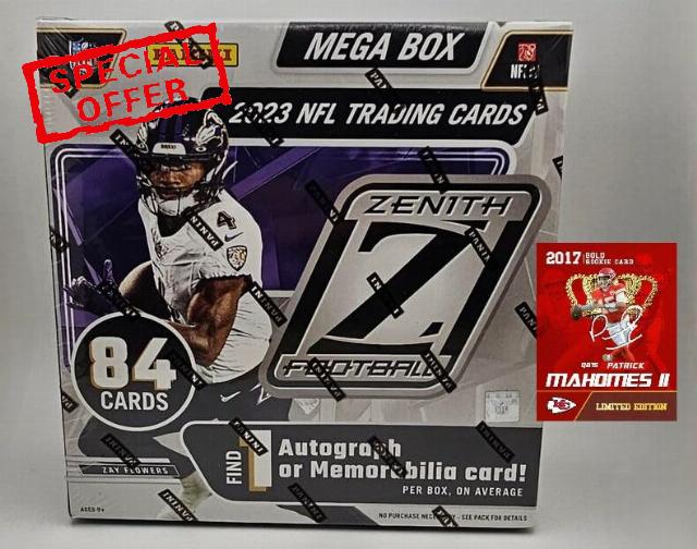 NEW - 2023 Panini ZENITH Factory Sealed Football MEGA Box w/ 84 Cards - 1 Autograph or Jersey Card and 10 Rookie Cards Per box - Plus Custom Novelty Patrick Mahomes Cards Pictured