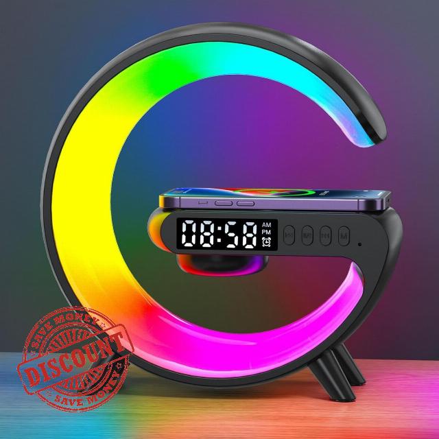 Wireless Charger Lamp Bluetooth Speaker Music Clock Alarm Key and App Control 5 in 1