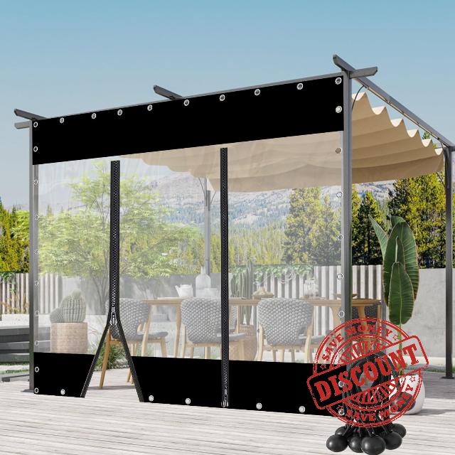 Outdoor Curtain with Zip Door Waterproof Clear Tarp Heavy Duty PVC Tarpaulin Panel for Pergola
