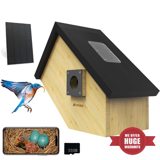 Smart Bird House with Camera: Wireless Bird Camera with Solar Panel - Motion Activated & Auto Capture HD Bird Video Weather-Resistant Crafted from Cedar and Bamboo for a Lasting Sanctuary.