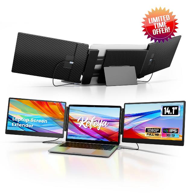 Laptop Screen Extender - 14.1" Triple Portable Monitor with Sturdy Metal Kickstand for 13-17.3 Inch Laptops