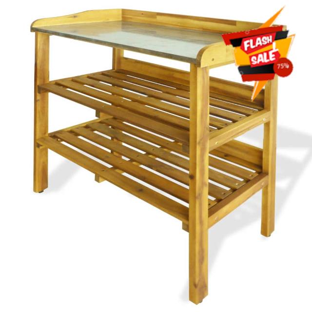 Potting Bench with 2 Shelves Solid Acacia Wood and Zinc Gardening Tables for Outdoors Outdoor Potting Bench Table Garden Table for Planting