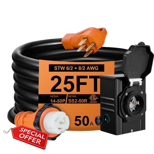25FT 50 Amp Generator Cord with Pre-Drilled Power Inlet Box
