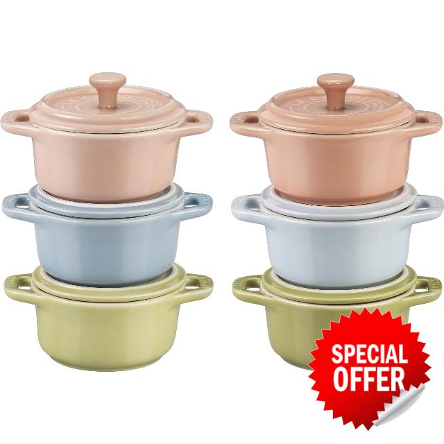 STAUB Stoneware Ceramic 6-pc Mini Round Cocotte Set-Macaron Pastel Colors