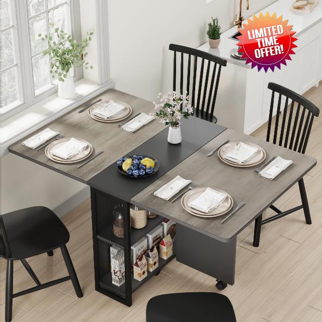 Space Saving Folding Dining Table with 2 Tier Storage-Extendable Drop Leaf Farmhouse Wood Kitchen Dining Room Tables Set for 4