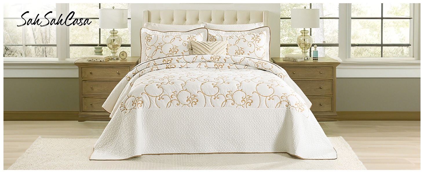 SahSahCasa EMBROIDERY floral oversized Quilt Cotton Bedspread