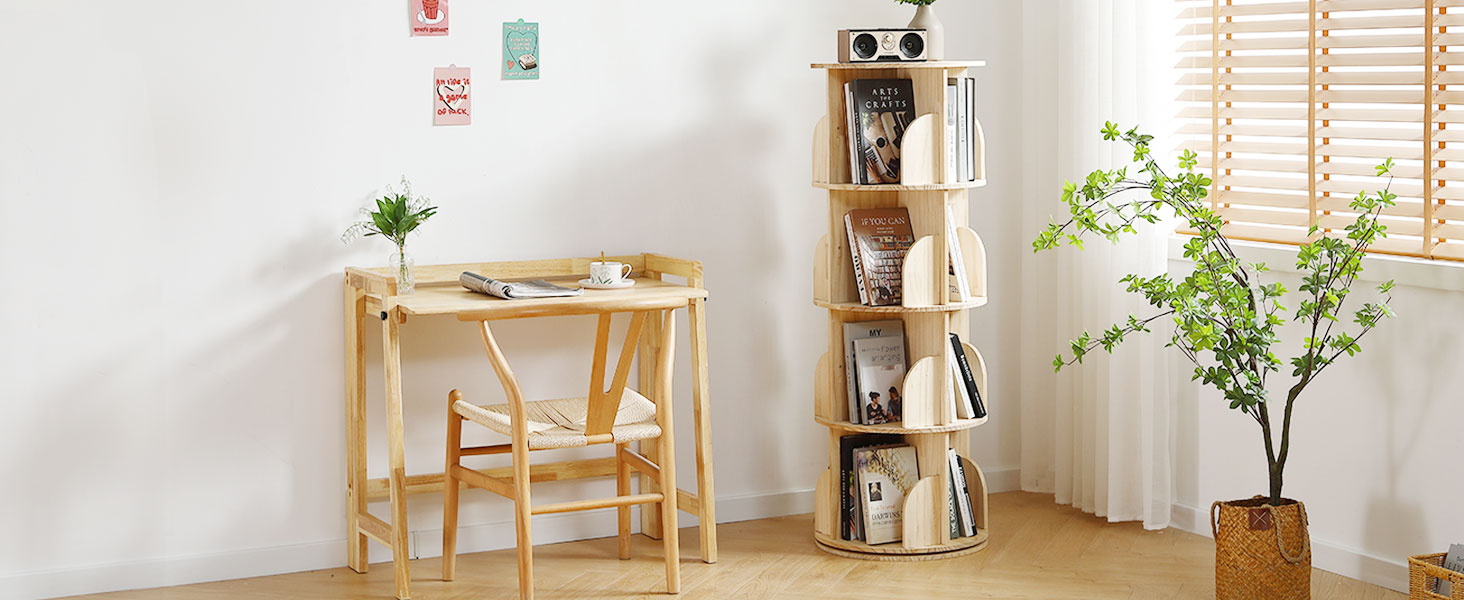 Rotating Bookshelf Tower, 4 Tier 360 Display Spinning Bookshelf Wood Narrow Organizer Kid Adult
