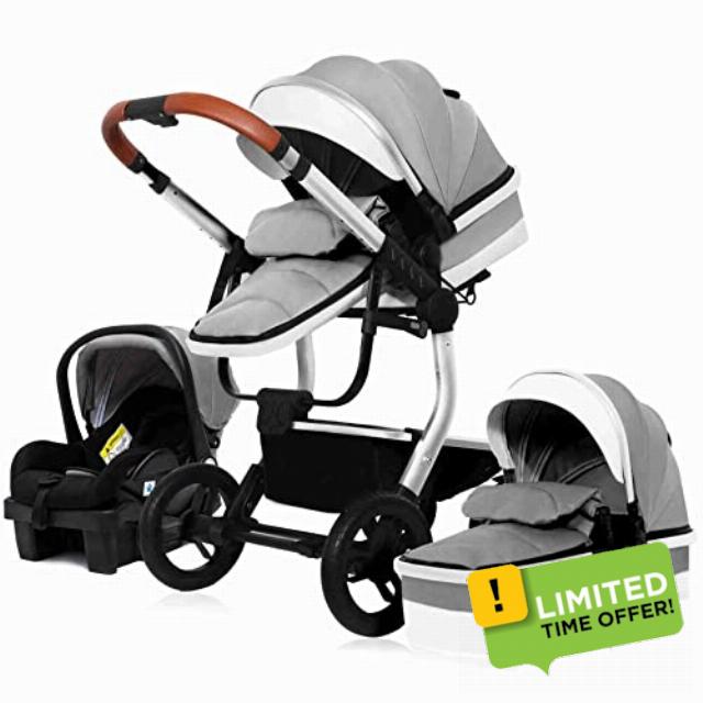 3 in 1 Convertible PU Leather Baby Stroller Carriage Bassinet to Stroller Newborn Reversible Bassinet Pram with Seat Base Aluminum Structure