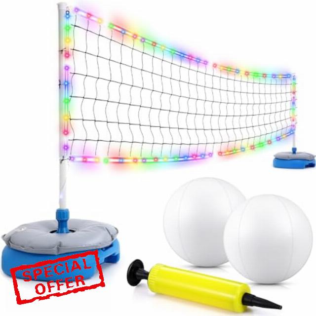 LED Pool Volleyball Net Set Light Up In Ground Swimming Pool Volleyball Game Set LED Water Volleyballs Swimming Pool Sports Game Set for Adults Teens Summer Inground Pool Party