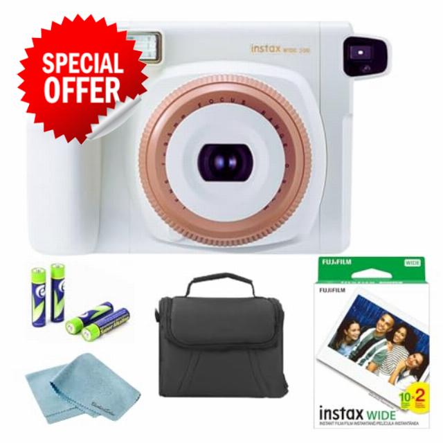 FUJIFILM Instant Wide 300 Instant Film Camera (Toffee) + 1 Twin Pack Wide Instant Film + Camera Case + 4 AA Battery Pack + BluebirdSales Microfiber Cleaning Cloth