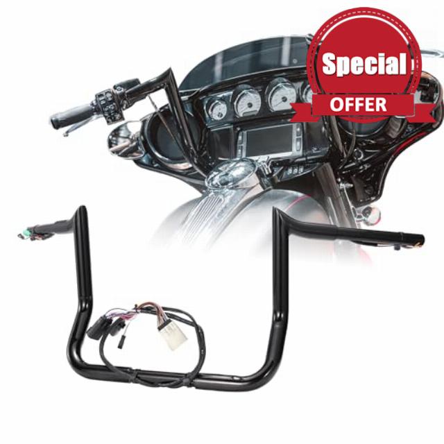 Prewired 10" Rise Pre-wired Ape Hangers Street Glide Handlebars with CAN-Bus/TBW/Heated Grips Wire 1.25" Fat Meathook Miter Cut for 2008-2013 Harley Street Glide/Electra Glide/Ultra Limited