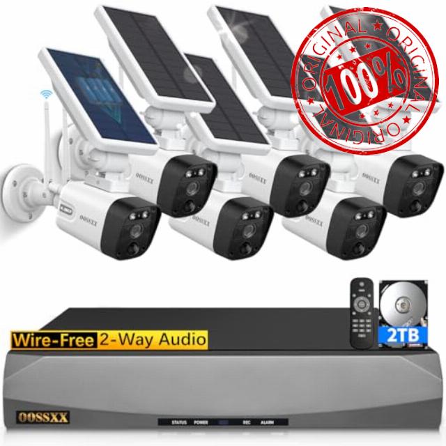 OOSSXX (Solar Battery 100% Wire-Free) 2-Way Audio 2-Antennas Enhance PIR Detection Outdoor Surveillance Camera System Solar Powered Battery Cameras System