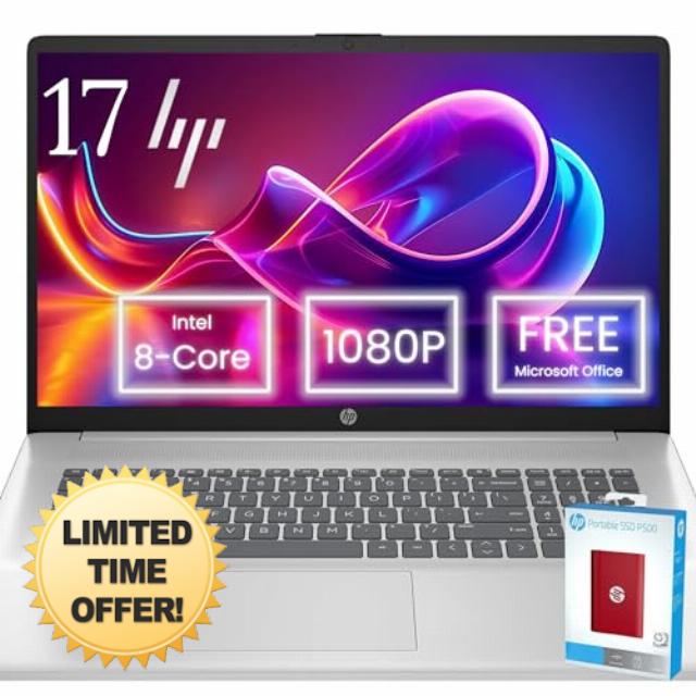Hp Everyday Essential 17 FHD Laptop • Free Microsoft Office Suite Included • 32GB RAM • 1.5TB SSD(1TB PCIe & P500 500GB External) • Intel 8-core i3 Processor • HDMI • Long Battery Life • Windows 11