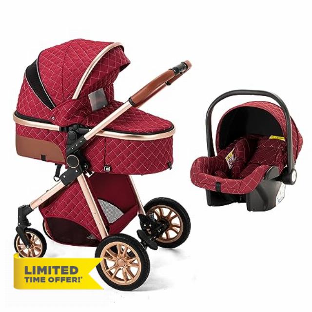 BEBECOSY 3-in-1 Convertible Baby Stroller with Bassinet Mode - Foldable Infant Stroller - Toddler Stroller with Reversible Stroller Seat Adjustable Bassinet (Red Without Base