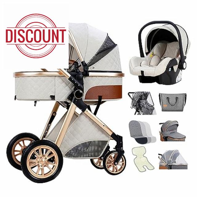 High View 3 in 1 Baby Pram Stroller Basket Foldable Pushchair with Stroller Accessories