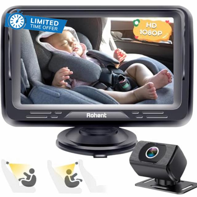 Baby Car Camera Ease Installation: Eye Protection Clear Night Vision 360° Rotation Stability Backseat Camera for 2 Kids HD 1080P Car Baby Monitor with Infant Carseat Camera Rear Facing - N06