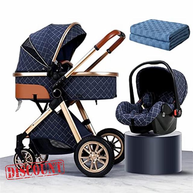 Baby Stroller Newborn with Soft Blankets Baby Carriage Stroller 2 in 1 Lightweight Foldable Luxury Pram Newborn Stroller Cup Holder Pushchair (Color : Blue)