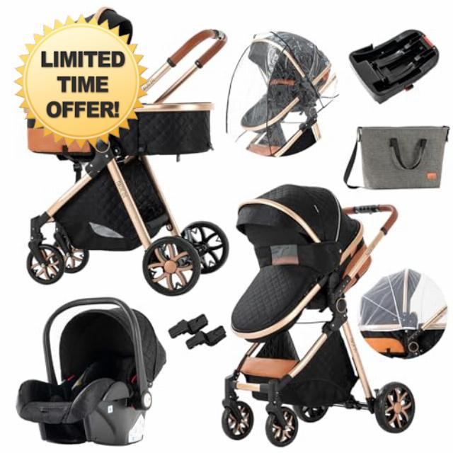 3 in 1 Baby Travel System Convertible Reversible Baby Stroller Portable Pushchair Infant Standard Pram Foldable Baby Carriage Luxury High Landscape Buggy for Newborn (UDV9-BLACKGOLD with Base)