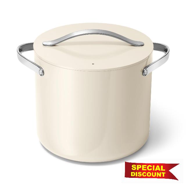 Caraway Stock Pot - 12 Qt Ceramic Coated Pot With Lid - Fee From Forever Chemicals - Large Pot for Bigger Batches - Cream