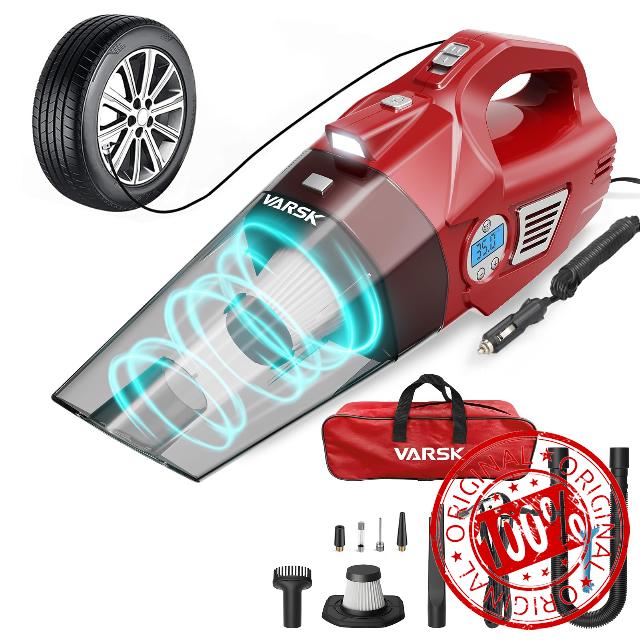 VARSK 4-in-1 Car Vacuum Cleaner Portable Tire Inflator - High Power Handheld Car Vacuum & Air Compressor with LED Light and Digital Tire Pressure Gauge LCD Display