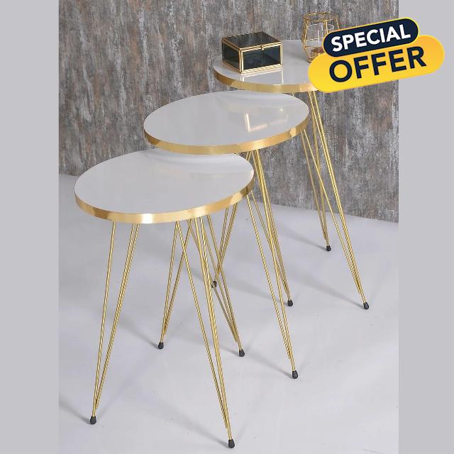 Furpinea Set of 3 Nesting Table Elegant Round Top with Metal Golden Legs