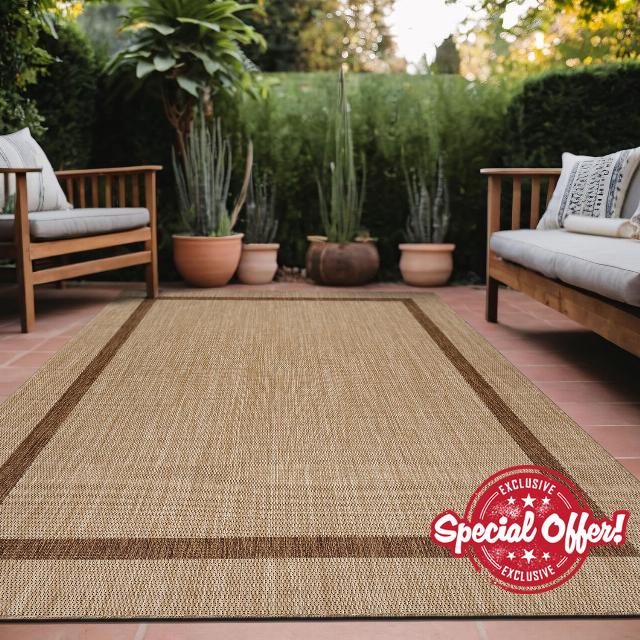 Luul Home Bordered Outdoor Rug 8x10 Washable Outside Carpet for Indoor Patio Porch Waterproof Easy Cleaning Non Shedding Area Rugs Jute Beige - Nut Brown 8 x 10