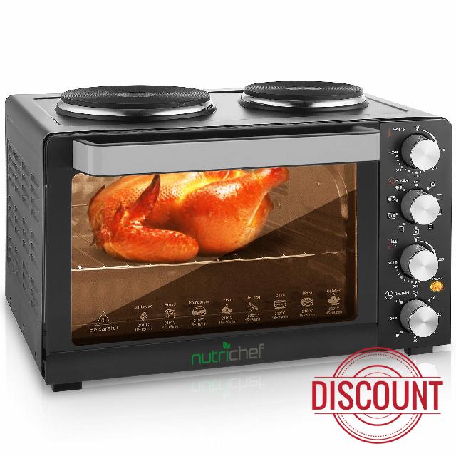 Nutrichef 30 Quart Kitchen Convection Oven & 2 Burner Cooker - 1500 Watt Oven - 7 Cook Functions Rotisserie