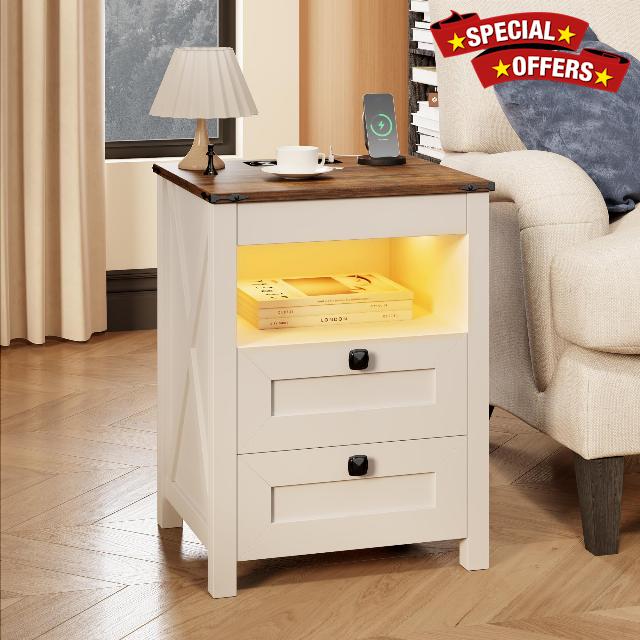 Farmhouse LED Nightstand with Gun Drawer&Invisible Lock