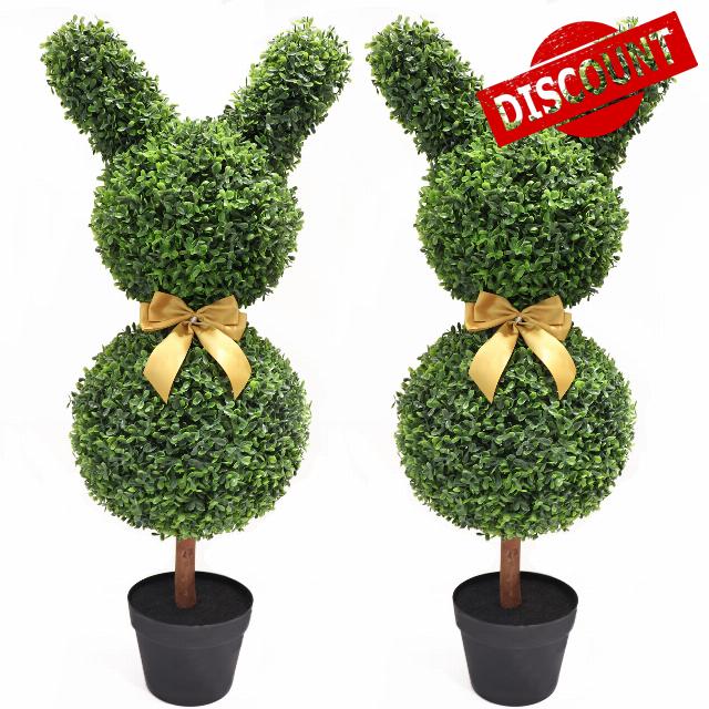 36'' Artificial Bunny-Shaped Topiary Tree UV-Resistant Bowknot Faux Boxwood Topiaries Plant for Porch Decor Outdoor/Indoor 2 Pack
