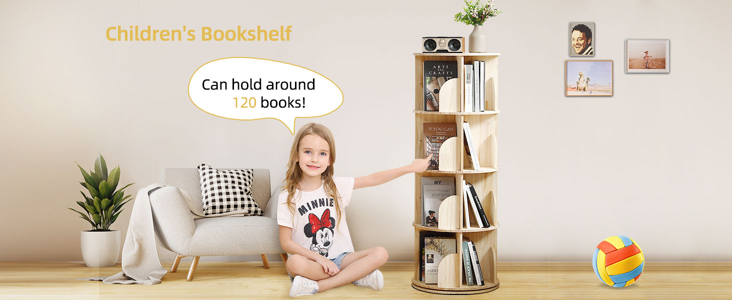 Rotating Bookshelf Tower, 4 Tier 360 Display Spinning Bookshelf Wood Narrow Organizer Kid Adult