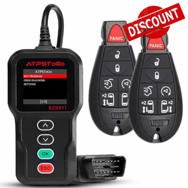 EZK911 OBD2 Dodge Chrysler Key Fob Programmer & 2 Key Fob Replacement fits for Town and Country 2008-2016 / Grand Caravan 2008-2020 Key Programmer Keyless Remote Key Programming Tool Kit