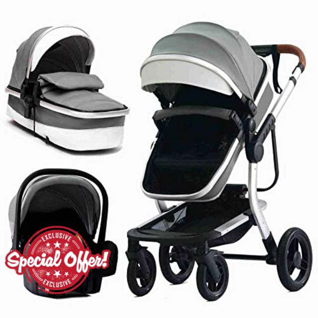 MISKYN Baby Stroller Newborn Carriage with Stroller Travel System with Car Seat and Base Footmuff Baby Strollers for Girls 3 in 1 Foldable Baby Stroller (Color : Gray)