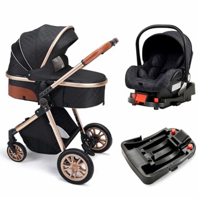 3-in-1 Convertible Baby Stroller with Bassinet Mode - Foldable Infant Stroller - Toddler Stroller with Reversible Stroller Seat Adjustable Bassinet (Black with Base