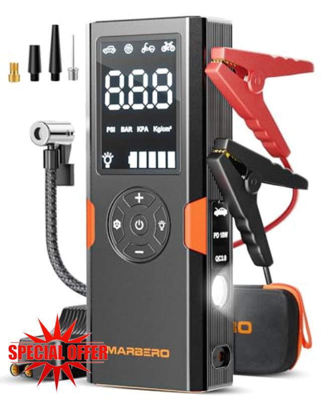 Portable Car Jump Starter with Air Compressor 4000A 12V MARBERO Portable Car Battery Booster Pack 8.0 Gas/7.0L Diesel 150PSI Auto Off Tire Inflator Jump Box with Digital Screen