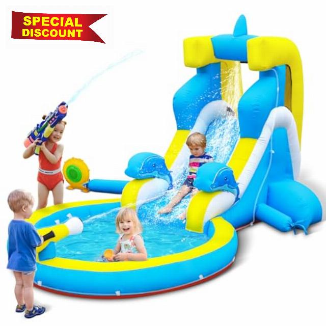 Inflatable Water Slide: 4 in 1 Bounce House Water Park for Kids - Climbing Wall Splash Pool Water Cannon - 370W Blower - Wet & Dry Indoor Outdoor Backyard Birthday Party Gift