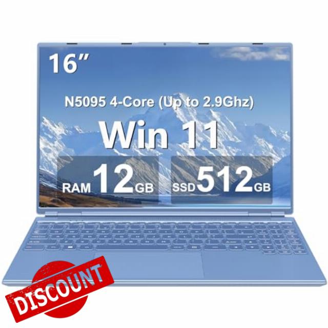 16" Laptop 12+512GB Celeron N5095 (Up to 2.9Ghz) 4-Core Win 11 PC with Cooling Fan 1920 * 1200 2K Screen Dual WiFi Support 2.5" HDD 1TB SSD Expand for Business Study-Blue