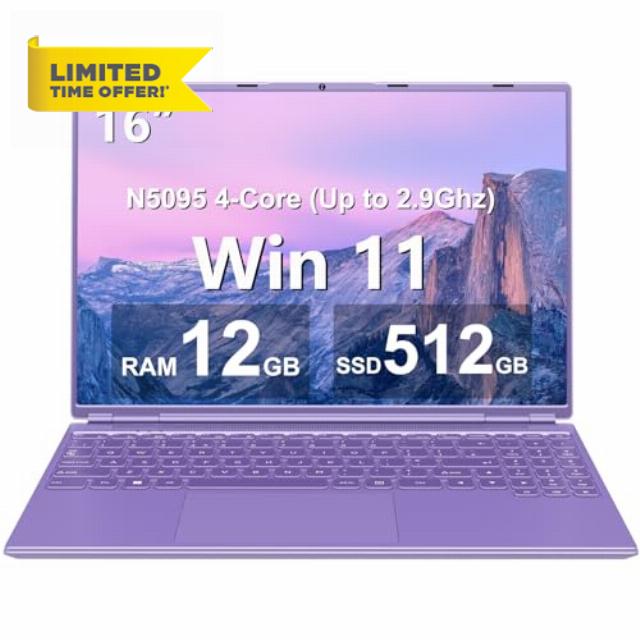 16" Laptop 12+512GB Celeron N5095 (Up to 2.9Ghz) 4-Core Win 11 PC with Cooling Fan 1920 * 1200 2K Screen Dual WiFi Support 2.5" HDD 1TB SSD Expand for Business Study-Purple