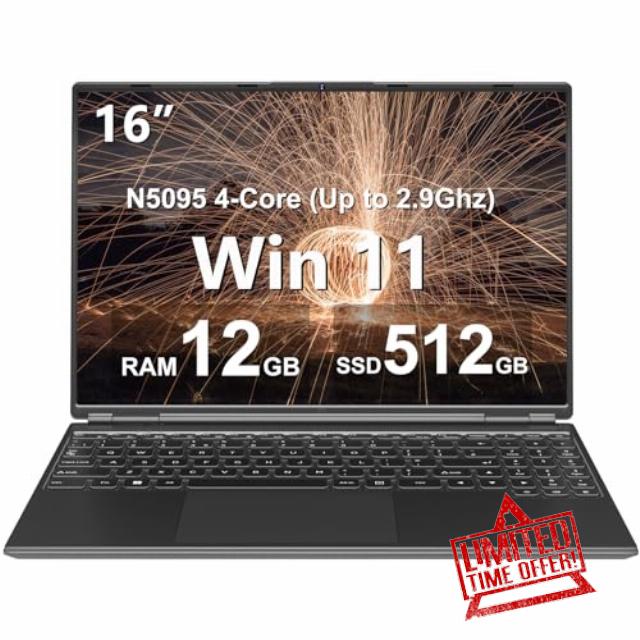 16" Laptop 12+512GB Celeron N5095 (Up to 2.9Ghz) 4-Core Win 11 PC with Cooling Fan 1920 * 1200 2K Screen Dual WiFi Support 2.5" HDD 1TB SSD Expand for Business Study-Black