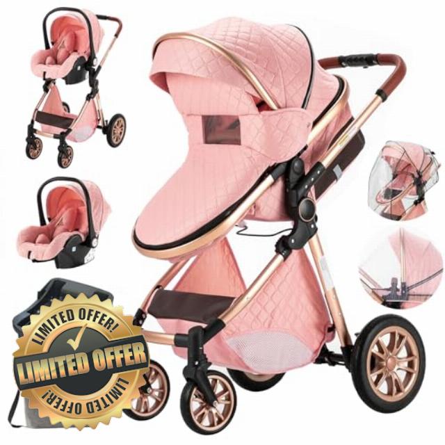 3 in 1 Baby Travel System Baby Stroller Infant Pushchair High Landscape Reversible Foldable Portable Standard Stroller Newborn Pram Buggy Reclining Baby Carriage (UDV9-PINK with Base)