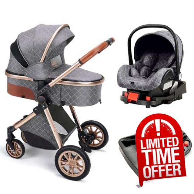 3-in-1 Convertible Baby Stroller with Bassinet Mode - Foldable Infant Stroller - Toddler Stroller with Reversible Stroller Seat Adjustable Bassinet (Gray with Base