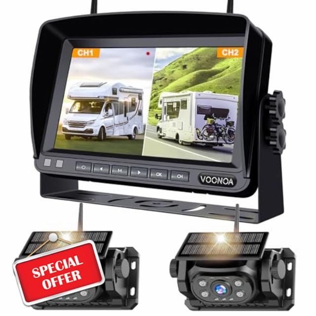 2 Magnetic Solar Wireless Backup Camera with 7'' HD 1080P DVR Monitor System
