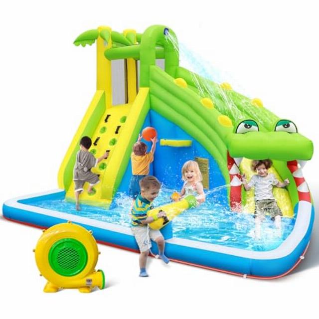 Inflatable Water Slide:5 in 1 Crocodile Bounce House Water Park for Kids - Climbing Wall Splash Pool Water Cannon Basketball Rim - 480W Blower - for Indoor Outdoor Backyard Birthday Party
