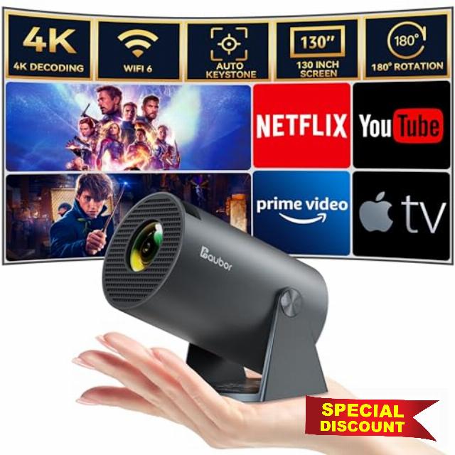 Mini Projector with Wifi and Bluetooth 1080P Support Smart Projector with Android TV 180° Rotatable Portable Outdoor Short Throw Projector Auto Keystone Home Theater for Phone/TV Stick/Laptop