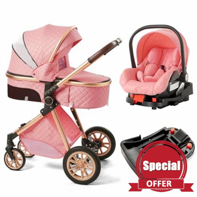 3-in-1 Convertible Baby Stroller with Bassinet Mode - Foldable Infant Stroller - Toddler Stroller with Reversible Stroller Seat Adjustable Bassinet (Pink with base
