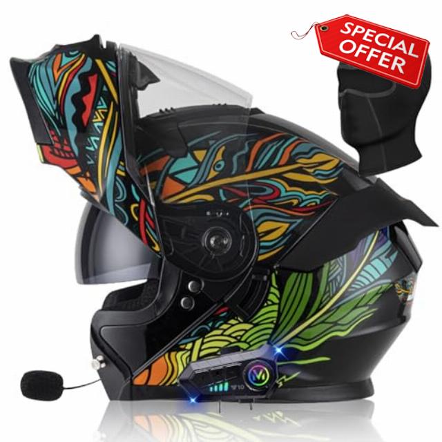 Bluetooth Modular Motorcycle Helmet for Adults Men and Women DOT Approved Full Face Flip up Anti-Fog Double Visor Built-in Dual Speaker Motorbike Moped Street Bike Racing Crash Helmet M-XXL