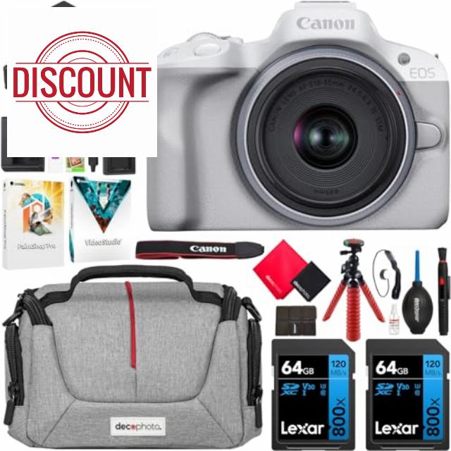 Canon EOS R50 Mirrorless Camera (White) with RF-S 18-45mm F4.5-6.3 is STM Lens 5812C012 Bundle with Deco Gear Photography Bag + 2 x Battery + 2 x 64GB Memory Cards + Accessories Kit